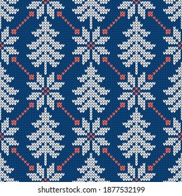 Winter traditional knitted pattern. Scandinavian style sweater. Seamless wool texture. Vector illustration with snowflakes and christmas trees. Holiday background.