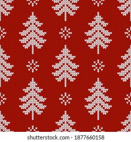 Patrón de punto tradicional de invierno. Suéter de estilo escandinavo. Textura de lana sin foco. Ilustración vectorial con copos de nieve y árboles de navidad. Fondo de vacaciones.