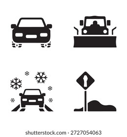Conjunto de iconos de tráfico de invierno que ilustran los peligros estacionales de la carretera