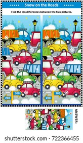 Winter traffic jam picture puzzle: Find the ten differences between the two pictures of cars and trucks on the road. Answer included.

