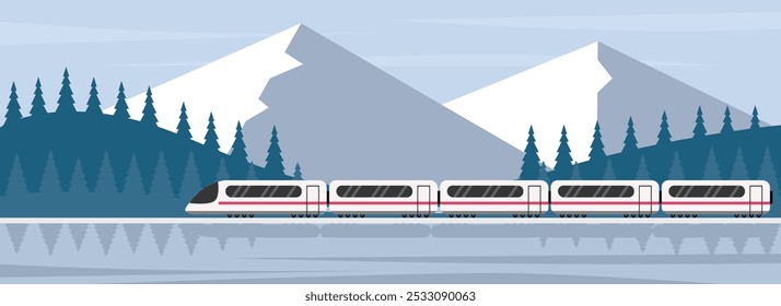 Winter train illustration. Winter through the mountain. Public transportation. Train in the winter season.