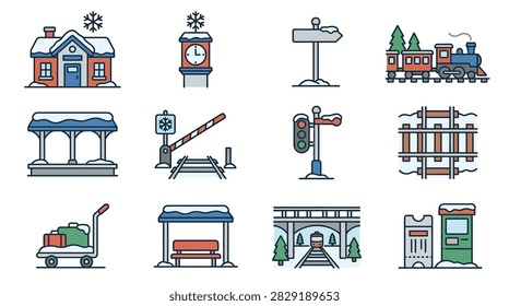 Winter train station and railway set
