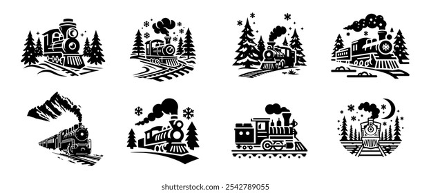 Winter Train Vectors and Illustrations, Train silhouette, Winter train theme 