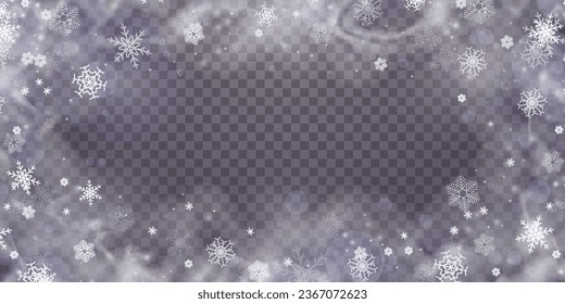 Winter transparent background for Christmas or New Year card. Realistic falling snow with snowflakes and clouds. Frost storm effect, snowfall, ice. Vector illustration.	