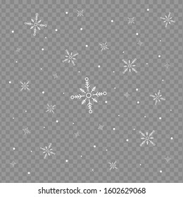 Winter transparent background. Falling snowflake and snow particles. 