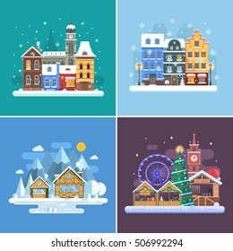 Winter Travel Backgrounds And Landscapes. Christmas Fair, Europe Town, Frozen Village In Alps And Snow City Street. New Year Holidays And Vacation Flat Backdrops For Postcards Or Website Banners.