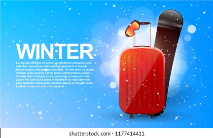 Winter travel banner concept. Travel bag with snowboard and ski goggles. 