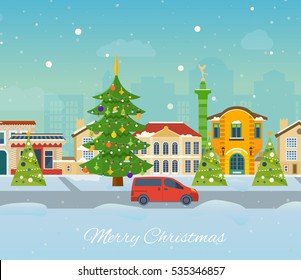 Winter travel to Europe. Festive atmosphere of New Year and festive mood, the snow-covered city streets and landscapes, facades and buildings. Vector illustration. Can be used as banners, materials.