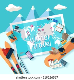 Winter travel. Flat design.