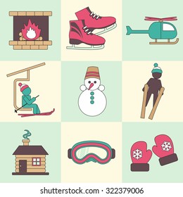 Winter travel flat design icons.