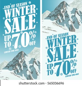 Winter travel gear sale flyer or poster design template background with mountains. Creative business promotional vector.