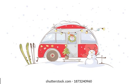 Winter travel in a house on wheels. Funny red house on wheels in winter landscape, vector illustration