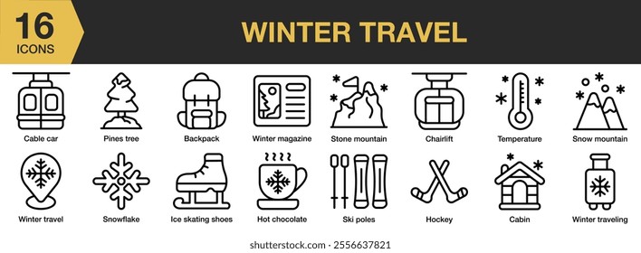 Winter Travel icon set. Includes magazine, chairlift, ski poles, hot chocolate, hockey, cabin, and More. Outline icons vector collection.