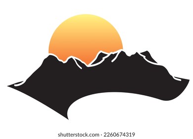 Winter travel iconic. Winter landscape from the top of steep rocky mountain firs snow. Vector illustration of rocky mountain silhouette and big sun for icon, symbol, logo for adventure. 