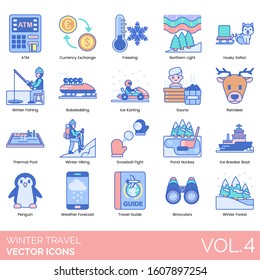 Winter Travel Icons Including ATM, Freezing, Northern Light, Husky Safari, Fishing, Bobsledding, Reindeer, Thermal Pool, Hiking, Snowball Fight, Pond Hockey, Ice Breaker Boat, Penguin, Forecast, Guide