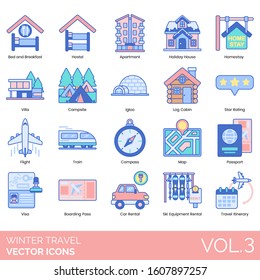 Winter travel icons including bed, breakfast, hostel, apartment, holiday house, homestay, villa, campsite, igloo, log cabin, star rating, flight, train, compass, map, passport, visa, boarding pas.