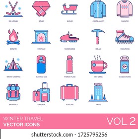 Winter travel icons including ice hockey, scarf, sledge, fleece jacket, sweater, bonfire, fireplace, snowmobile, axe, crampons, camping, sleeping bag, thermo flask, backpack, luggage, suitcase, hotel.