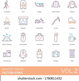 Winter travel icons including ice hockey, scarf, sledge, fleece jacket, sweater, bonfire, fireplace, snowmobile, axe, crampons, camping, sleeping bag, first aid kit, thermo flask, hot drink, suitcase.