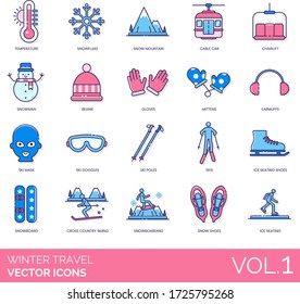 Iconos de viaje en invierno que incluyen temperatura, copo de nieve, montaña de nieve, teleférico, telesilla, muñeco de nieve, beanie, guantes, mitones, barrancos, máscara de esquí, bastones, zapatos de patinaje sobre hielo, snowboard, cross country.