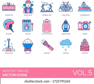 Winter Travel Icons Including Thermal Pool, Hiking, Snowball Fight, Pond Hockey, Ice Breaker Boat, Ski Helmet, Matches, Hot Water Bottle, Kerosene Lamp, Snow Shovel, Flashlight, Snowfall, Firewood.