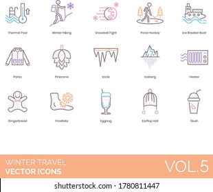 Winter Travel Icons Including Thermal Pool, Hiking, Snowball Fight, Pond Hockey, Ice Breaker Boat, Parka, Pinecone, Icicle, Iceberg, Heater, Gingerbread, Frostbite, Eggnog, Earflap Hat, Slush.