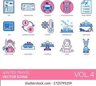 Winter travel icons including VISA, boarding pass, car rental, ski, itinerary, ATM, currency exchange, freezing, northern light, husky safari, fishing, bobsledding, ice karting, sauna, reindeer.