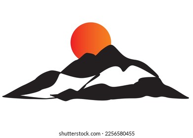 Winter travel mountain icon. Silhouette of mountain in first snow. Vector illustration of mountain and sun image winter landscape. Vector illustration continuous line of mountains for logo, symbol..
