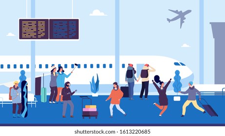 Winter Travel. Passengers Wait Flight, Meet And Escort People. People At Airport With Suitcases. Vector Vacation Illustration