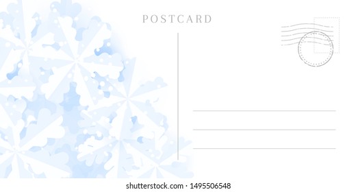 Winter travel postcard backside with border of snowflakes