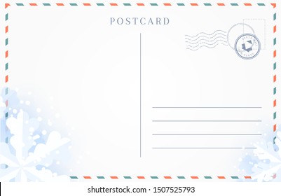 Winter travel postcard backside with border of snowflakes