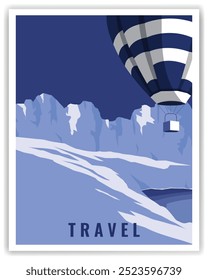 cartaz de viagem de inverno com balão de ar quente na montanha. paisagem de ilustração vetorial com estilo minimalista para decoração, impressão, banner. 