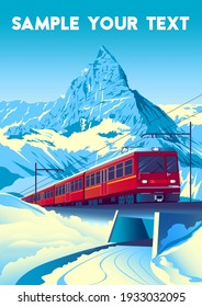 Winter Travel Poster with railway train in first plan and mountain in the background. Handmade drawing vector illustration. Pop art vintage style.