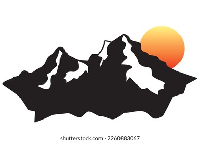 Winter travel silhouette icon. Winter landscape in steep rocky mountain peak and sun in firs snow. Vector illustration of rocky mountain peak for logo, icon, symbol of adventure.
