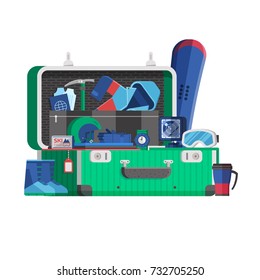 Winter travel suitcase stuffed with  vacation clothes and things for ski resort holidays. Opened full suit case with stickers. Overstuffed green luggage concept vector illustration in flat design.