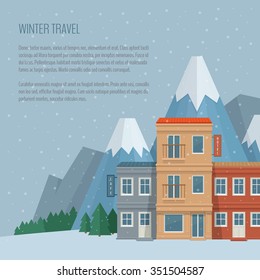 Winter travel and tourism concept. Street of the old town with cafe and hotel.  Ski resort in the mountains. Flat style, vector illustration.