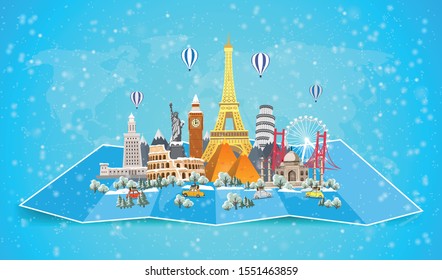 Winter travel to World. Christmas holidays. Road trip. Big set of famous landmarks of the world. Time to travel, tourism, summer holiday. Different types of journey. Flat design vector illustration