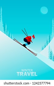 Winter travel. Travel to World. Vacation. Road trip. Tourism. Journey. Travelling illustration. Couple skiing. Winter cityscape, winter sports, outdoors. New year. Flat design. 