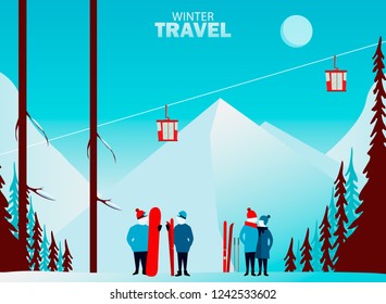Winter travel. Travel to World. Vacation. Road trip. Tourism. Journey. Travelling illustration. Couple skiing. Winter cityscape, winter sports, outdoors. New year. Flat design. 