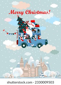 Winter travel. Travel to World. Vacation. Road trip. Tourism. Journey. Travelling illustration. Merry Christmas banners in flat style. Festive Christmas bus with Santa and cute animals. Holiday trip 