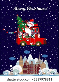 Winter travel. Travel to World. Vacation. Road trip. Tourism. Journey. Travelling illustration. Merry Christmas banners in flat style. Festive Christmas bus with Santa and cute animals. Holiday trip 