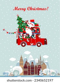 Winter travel. Travel to World. Vacation. Road trip. Tourism. Journey. Travelling illustration. Merry Christmas banners in flat style. Festive Christmas bus with Santa and cute animals. Holiday trip 