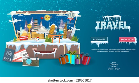 Winter Travel. Travel To World. Vacation. Road Trip. Tourism. Open Suitcase With Landmarks. Journey. Travelling Illustration. Merry Christmas Banners In Flat Style. EPS 10. Colorful.