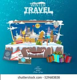 Winter travel. Travel to World. Vacation. Road trip. Tourism. Open suitcase with landmarks. Journey. Travelling illustration. Merry Christmas banners in flat style. EPS 10. Colorful.