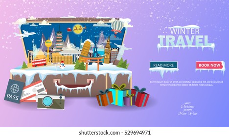 Winter travel. Travel to World. Vacation. Road trip. Tourism. Open suitcase with landmarks. Journey. Travelling illustration. Merry Christmas banners in flat style. EPS 10. Colorful.