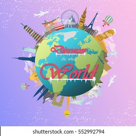 Winter travel. Travel to World. Vacation. Road trip. Tourism. Open suitcase with landmarks. Journey. Travelling illustration. Merry Christmas banners in flat style. EPS 10. Colorful.