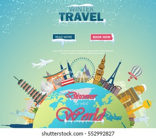 Winter travel. Travel to World. Vacation. Road trip. Tourism. Open suitcase with landmarks. Journey. Travelling illustration. Merry Christmas banners in flat style. EPS 10. Colorful.