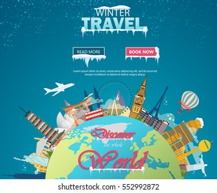 Winter travel. Travel to World. Vacation. Road trip. Tourism. Open suitcase with landmarks. Journey. Travelling illustration. Merry Christmas banners in flat style. EPS 10. Colorful.