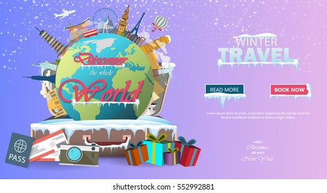 Winter travel. Travel to World. Vacation. Road trip. Tourism. Open suitcase with landmarks. Journey. Travelling illustration. Merry Christmas banners in flat style. EPS 10. Colorful.