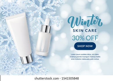 Winter Treatment And Skincare Cosmetic Sale Banner, Poster Design Template. Vector Realistic 3d Illustration Of Moisturizer Cold Cream Package. Lotion Bottle Mockup On Snowflakes Blue Background.