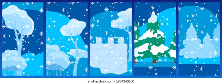 Winter tree background, nature banner, abstract snow, blue scaffold landscape, design, cartoon style vector illustration.